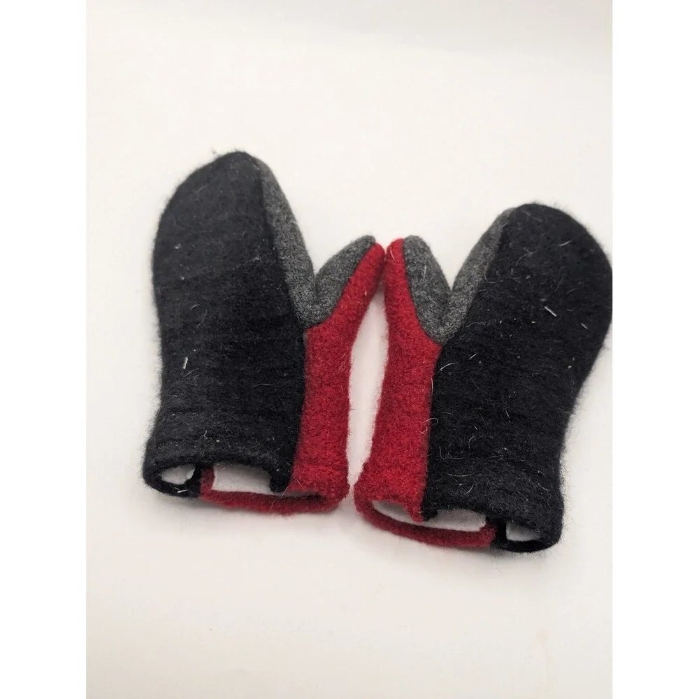 Shrunk Woolery Felted Wool Mittens Red Black Grey Colorblock Fleece Line Handmde